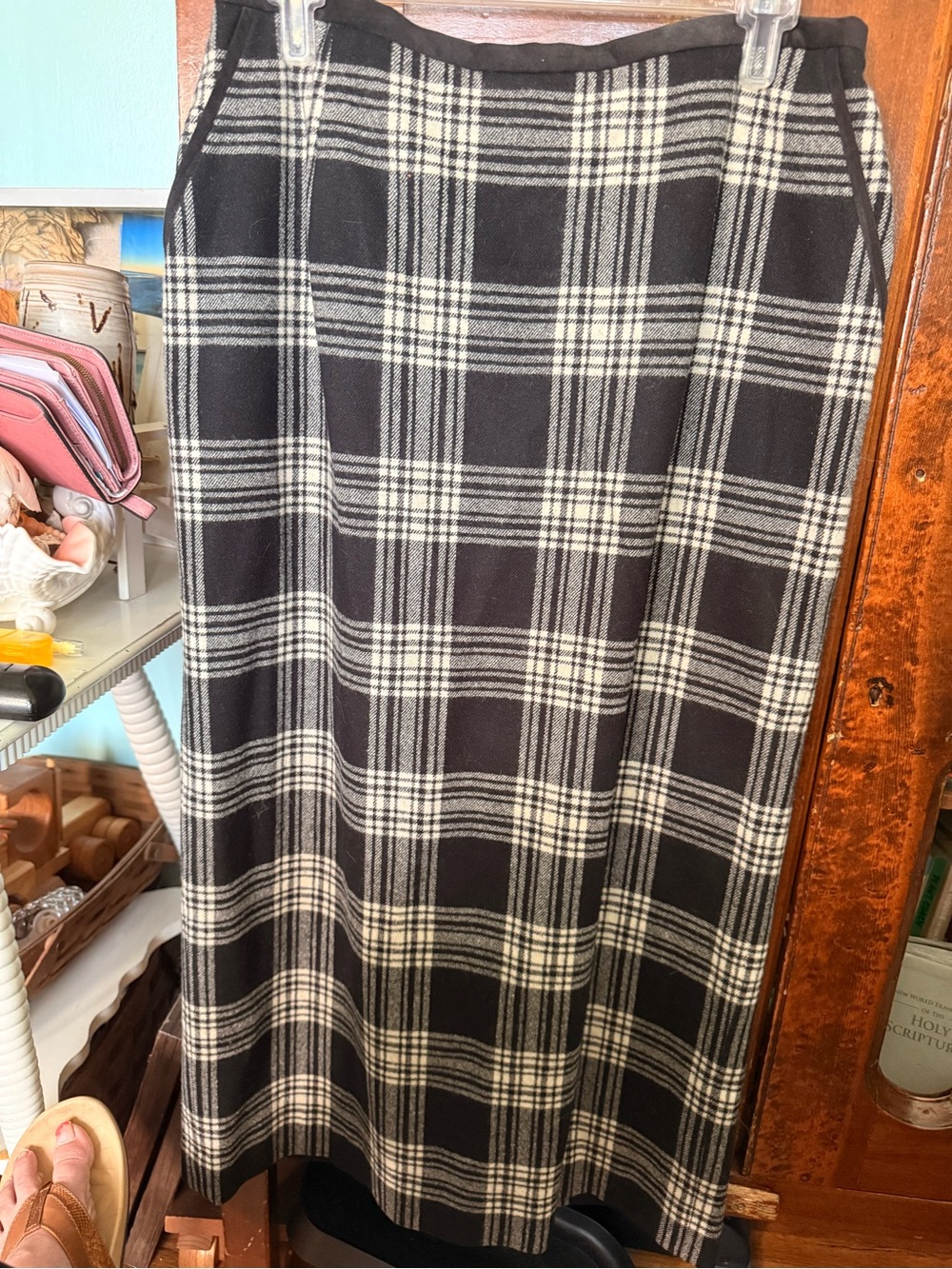 Vintage Pendleton Windowpane Black & White Tartan Plaid Pencil Skirt Midi Length